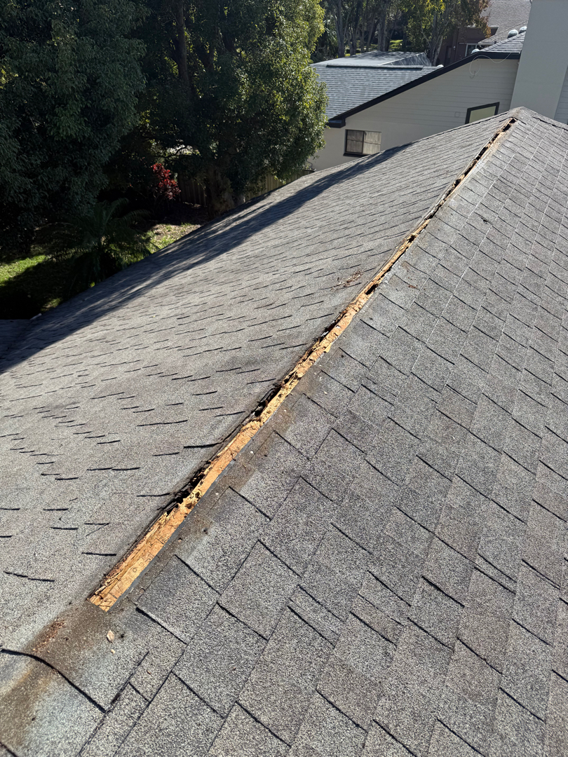 Shingle roof repair. Ridge vent replacement. weathered wood ridge cap photo 1